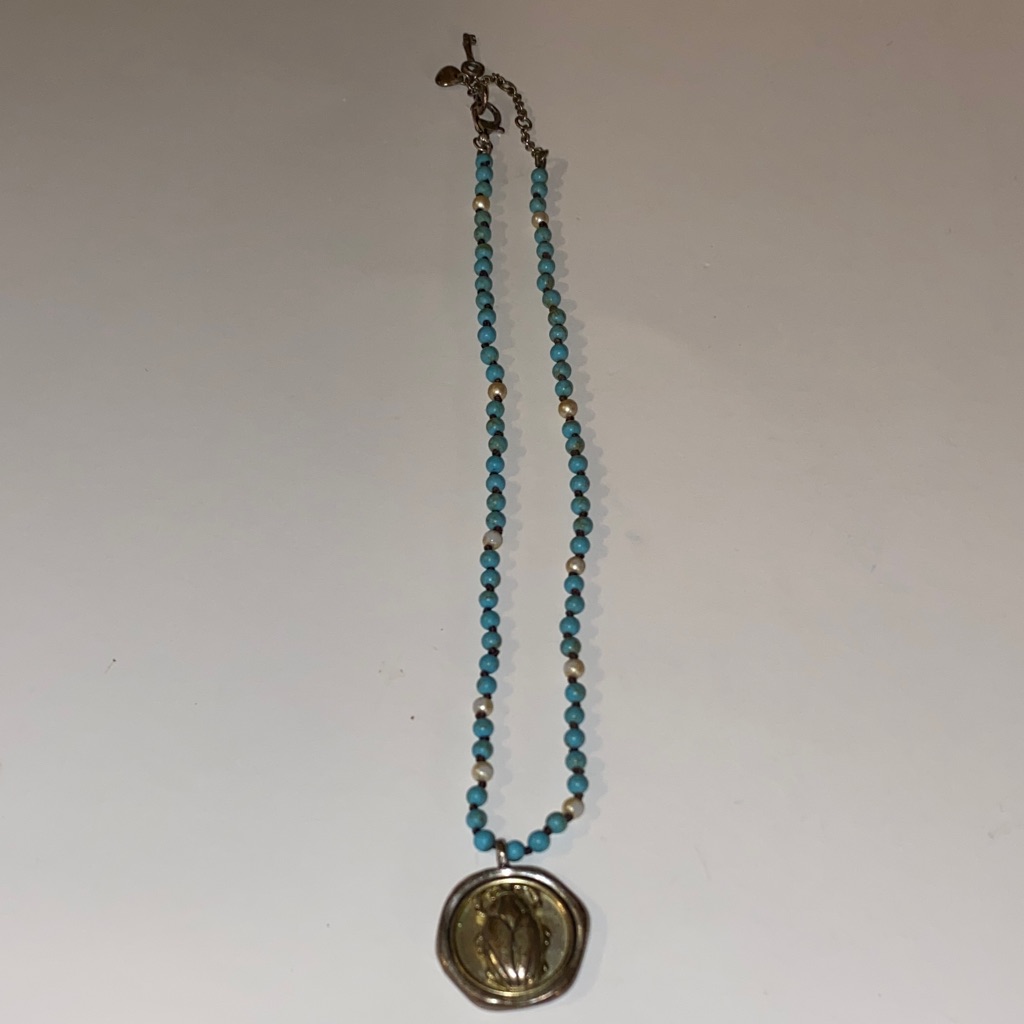 Vintage Style Fossil Go Green With Scarab Pendant And Turquoise Colored Beads 11$